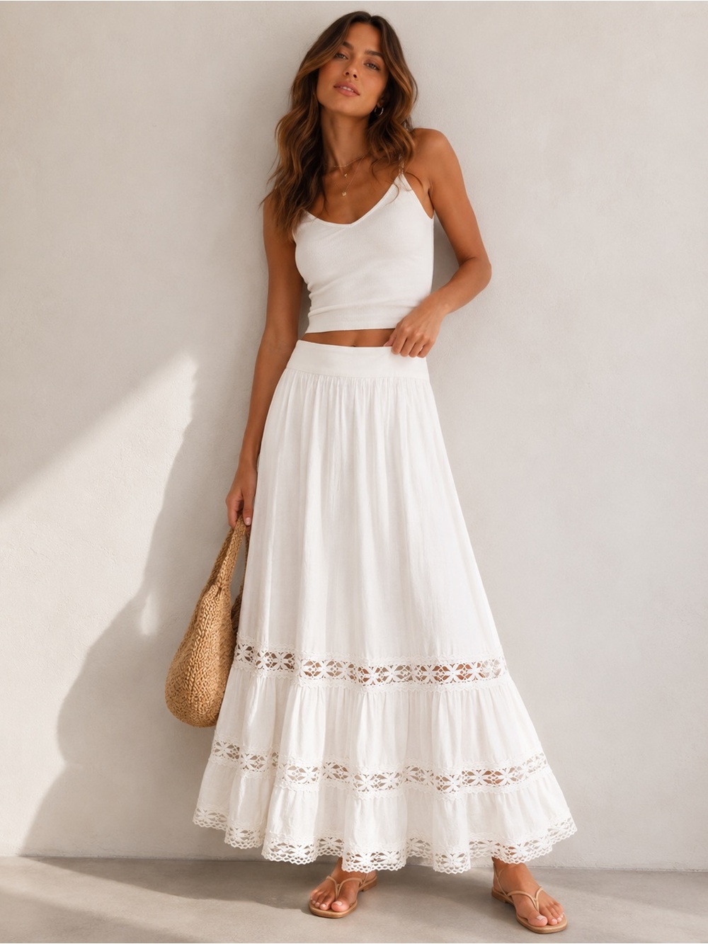 PINK SODA Bohemian White Crochet-Trim Maxi Skirt